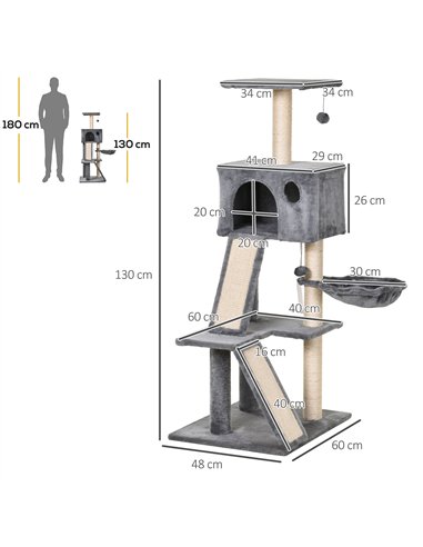PawHut 130cm Cat Tree for Indoor Cats Activity Center with Condo Scratching Post Ladders Kitty Climbing Tower Relaxing Playing