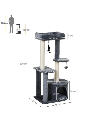 PawHut 100cm Cat Tree for Indoor Cats, Cat Tower Condo for Kittens with Cat House Sisal Scratching Posts, Hanging Ball Toys, Per