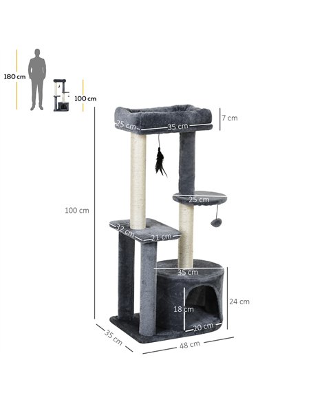 PawHut 100cm Cat Tree for Indoor Cats, Cat Tower Condo for Kittens with Cat House Sisal Scratching Posts, Hanging Ball Toys, Per - pic 147865 | FastDaddyshop