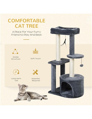 PawHut 100cm Cat Tree for Indoor Cats, Cat Tower Condo for Kittens with Cat House Sisal Scratching Posts, Hanging Ball Toys, Per