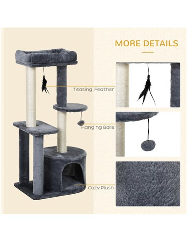 PawHut 100cm Cat Tree for Indoor Cats, Cat Tower Condo for Kittens with Cat House Sisal Scratching Posts, Hanging Ball Toys, Per