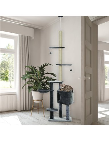 PawHut Floor to Ceiling Cat Tree for Indoor Cats Play Tower Climbing Activity Center Scratching Post Platforms Condo Adjustable 