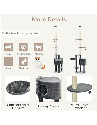 PawHut Floor to Ceiling Cat Tree for Indoor Cats Play Tower Climbing Activity Center Scratching Post Platforms Condo Adjustable 