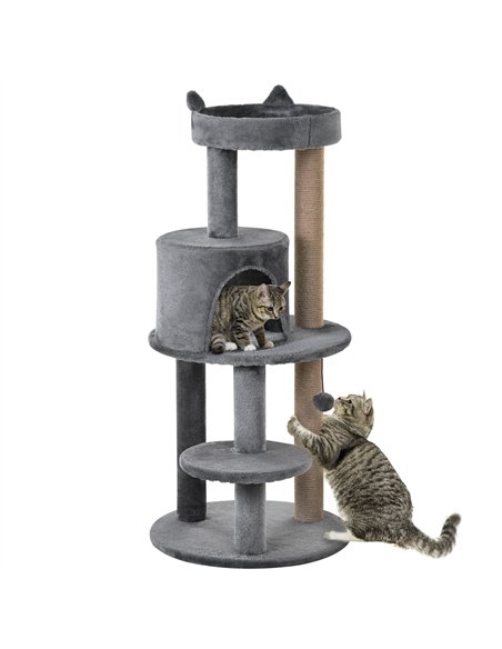 PawHut 104 cm Cat Tree, Cat Condo Tree Tower, Cat Activity Centre with Scratching Posts, Plush Perch, Hanging Ball - Grey - pic 147881 | FastDaddyshop