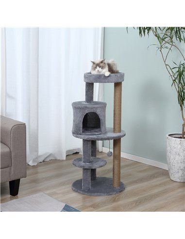 PawHut 104 cm Cat Tree, Cat Condo Tree Tower, Cat Activity Centre with Scratching Posts, Plush Perch, Hanging Ball - Grey