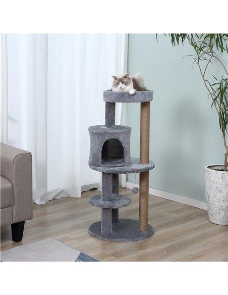 PawHut 104 cm Cat Tree, Cat Condo Tree Tower, Cat Activity Centre with Scratching Posts, Plush Perch, Hanging Ball - Grey - pic 147882 | FastDaddyshop