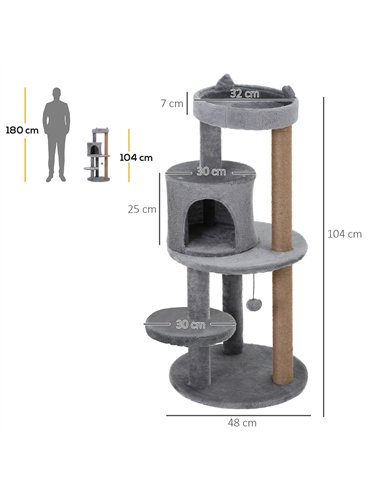 PawHut 104 cm Cat Tree, Cat Condo Tree Tower, Cat Activity Centre with Scratching Posts, Plush Perch, Hanging Ball - Grey