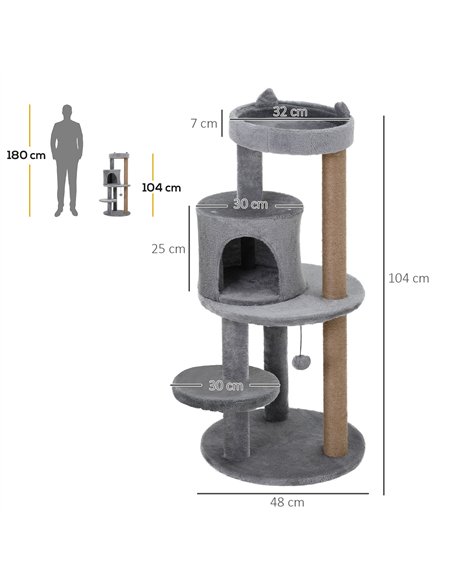 PawHut 104 cm Cat Tree, Cat Condo Tree Tower, Cat Activity Centre with Scratching Posts, Plush Perch, Hanging Ball - Grey - pic 147883 | FastDaddyshop