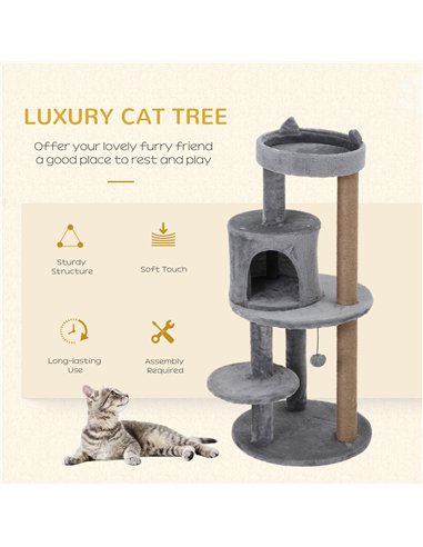 PawHut 104 cm Cat Tree, Cat Condo Tree Tower, Cat Activity Centre with Scratching Posts, Plush Perch, Hanging Ball - Grey