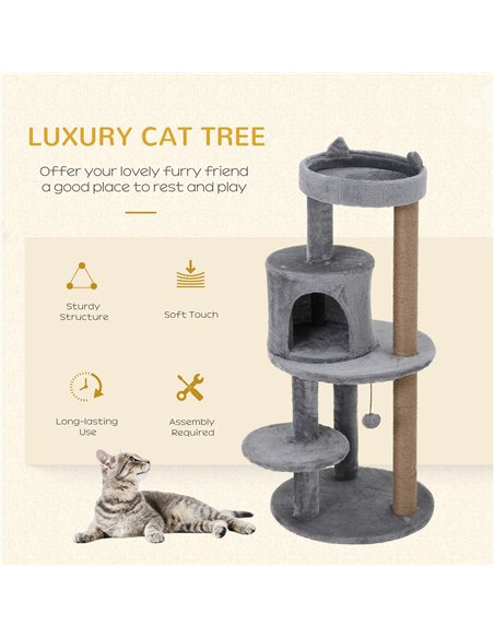 PawHut 104 cm Cat Tree, Cat Condo Tree Tower, Cat Activity Centre with Scratching Posts, Plush Perch, Hanging Ball - Grey - pic 147884 | FastDaddyshop