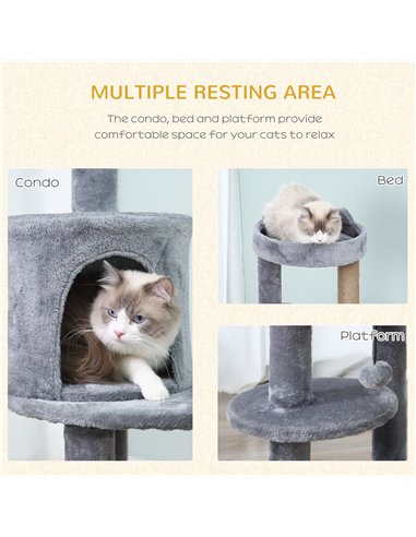 PawHut 104 cm Cat Tree, Cat Condo Tree Tower, Cat Activity Centre with Scratching Posts, Plush Perch, Hanging Ball - Grey