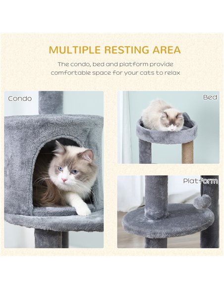 PawHut 104 cm Cat Tree, Cat Condo Tree Tower, Cat Activity Centre with Scratching Posts, Plush Perch, Hanging Ball - Grey - pic 147885 | FastDaddyshop