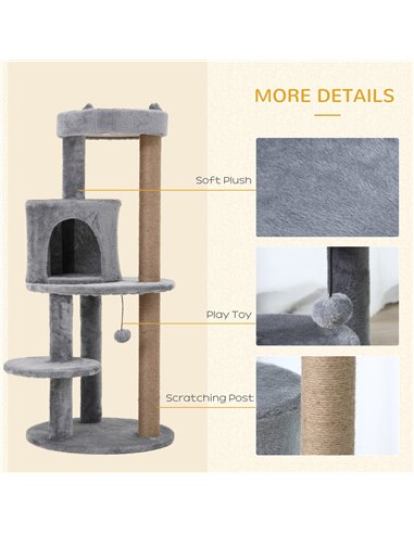 PawHut 104 cm Cat Tree, Cat Condo Tree Tower, Cat Activity Centre with Scratching Posts, Plush Perch, Hanging Ball - Grey