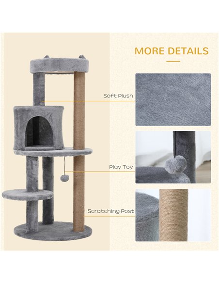 PawHut 104 cm Cat Tree, Cat Condo Tree Tower, Cat Activity Centre with Scratching Posts, Plush Perch, Hanging Ball - Grey - pic 147886 | FastDaddyshop