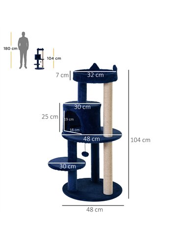 PawHut 104 cm Cat Tree, Cat Condo Tree Tower, Cat Activity Centre with Scratching Posts, Plush Perches, Hanging Ball - Blue