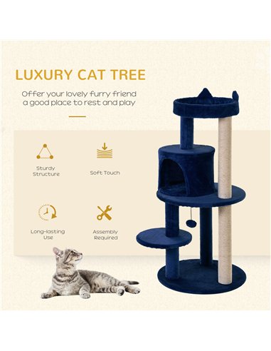 PawHut 104 cm Cat Tree, Cat Condo Tree Tower, Cat Activity Centre with Scratching Posts, Plush Perches, Hanging Ball - Blue