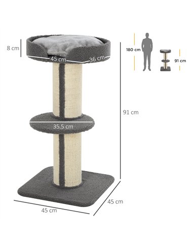 PawHut 91cm Cat Tower Scratching Posts Cat Tree for Indoor Cats Kitten Activity Centre Grey