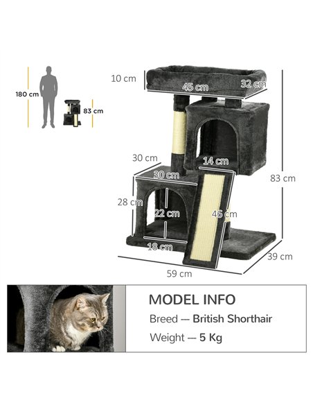 PawHut Cat Tree for Indoor Cats 83cm Cat Scratching Post Scratch Board Kitten Tower Climbing Frame Black - pic 147928 | FastDaddyshop