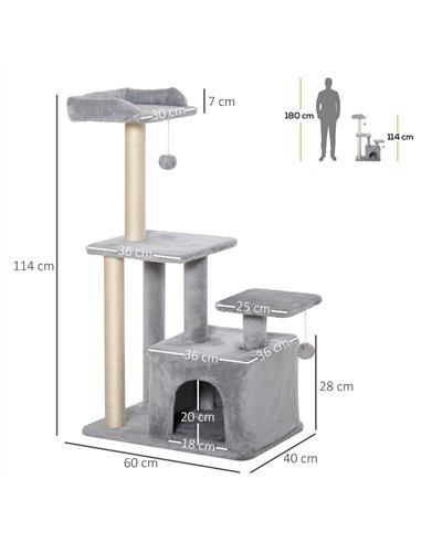 PawHut Cat Tree Tower for Indoor Cats 114cm Climbing Activity Centre Kitten with Sisal Scratching Post Perch Hanging Ball Condo 