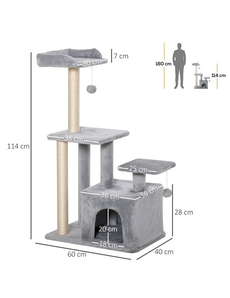 PawHut Cat Tree Tower for Indoor Cats 114cm Climbing Activity Centre Kitten with Sisal Scratching Post Perch Hanging Ball Condo  - pic 147982 | FastDaddyshop
