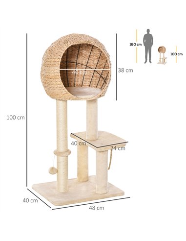 PawHut Cat Tree for Indoor Cats 100cm Kitten Climbing Tower Activity Center with Sisal Scratching Post Condo Perch Hanging Balls