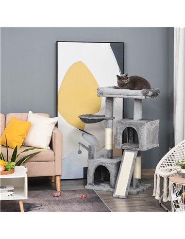 PawHut Cat Tree Tower for Indoor Cats, 111cm Kitten Activity Centre with Scratching Post Pad Hammock Condo Bed Ball Toy, Grey