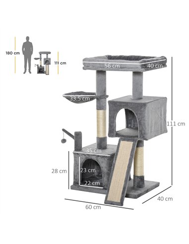 PawHut Cat Tree Tower for Indoor Cats, 111cm Kitten Activity Centre with Scratching Post Pad Hammock Condo Bed Ball Toy, Grey