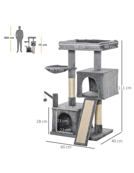 PawHut Cat Tree Tower for Indoor Cats, 111cm Kitten Activity Centre with Scratching Post Pad Hammock Condo Bed Ball Toy, Grey - pic 148009 | FastDaddyshop
