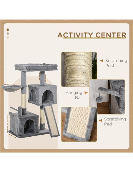 PawHut Cat Tree Tower for Indoor Cats, 111cm Kitten Activity Centre with Scratching Post Pad Hammock Condo Bed Ball Toy, Grey - pic 148010 | FastDaddyshop