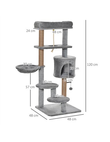 PawHut Cat Tree Tower for Indoor Cats 120cm Climbing Kitten Activity Center with Jute Scratching Post Perch Hanging Ball Hammock