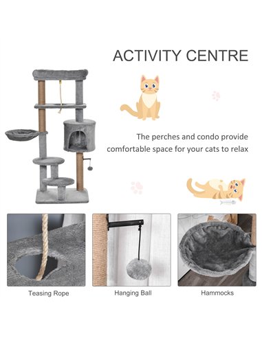 PawHut Cat Tree Tower for Indoor Cats 120cm Climbing Kitten Activity Center with Jute Scratching Post Perch Hanging Ball Hammock