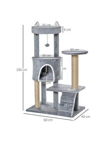 PawHut 100 cm Cat Tree, Cat Condo Tree Tower for Indoor Cats, Cat Activity Centre with Scratching Posts, Plush Perch, Ladder, Ha