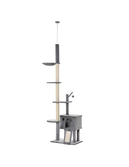 PawHut 270cm Floor To Ceiling Cat Tree Cat House Scratching Post for Indoor Cats Hammock Hanging Ball Activity Center Grey - pic 148034 | FastDaddyshop