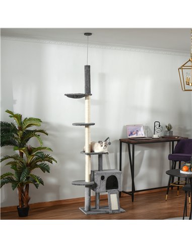PawHut 270cm Floor To Ceiling Cat Tree Cat House Scratching Post for Indoor Cats Hammock Hanging Ball Activity Center Grey