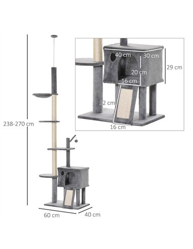 PawHut 270cm Floor To Ceiling Cat Tree Cat House Scratching Post for Indoor Cats Hammock Hanging Ball Activity Center Grey