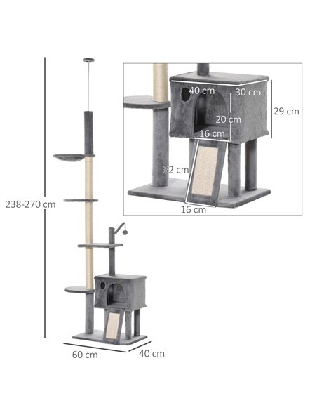 PawHut 270cm Floor To Ceiling Cat Tree Cat House Scratching Post for Indoor Cats Hammock Hanging Ball Activity Center Grey - pic 148036 | FastDaddyshop