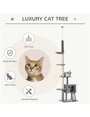 PawHut 270cm Floor To Ceiling Cat Tree Cat House Scratching Post for Indoor Cats Hammock Hanging Ball Activity Center Grey