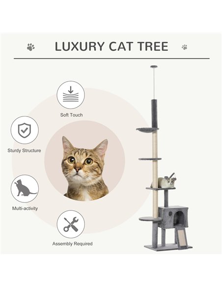 PawHut 270cm Floor To Ceiling Cat Tree Cat House Scratching Post for Indoor Cats Hammock Hanging Ball Activity Center Grey - pic 148037 | FastDaddyshop