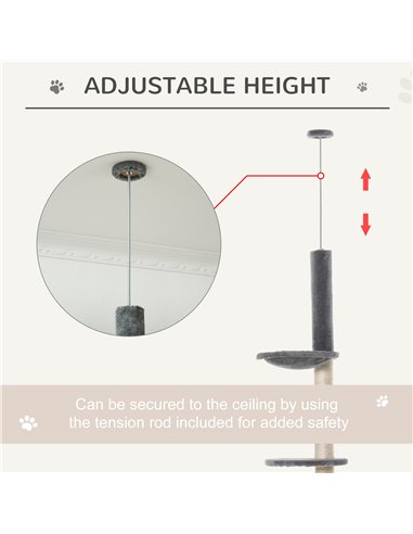 PawHut 270cm Floor To Ceiling Cat Tree Cat House Scratching Post for Indoor Cats Hammock Hanging Ball Activity Center Grey