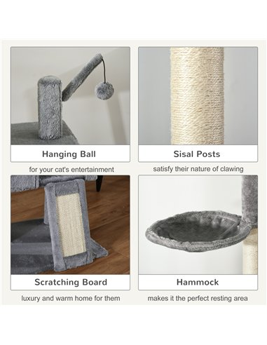 PawHut 270cm Floor To Ceiling Cat Tree Cat House Scratching Post for Indoor Cats Hammock Hanging Ball Activity Center Grey