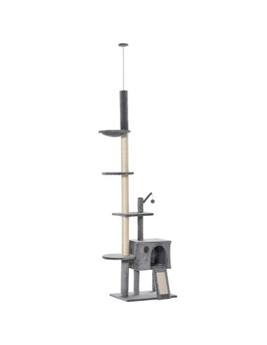 PawHut 270cm Floor To Ceiling Cat Tree Cat House Scratching Post for Indoor Cats Hammock Hanging Ball Activity Center Grey