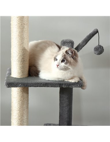 PawHut 270cm Floor To Ceiling Cat Tree Cat House Scratching Post for Indoor Cats Hammock Hanging Ball Activity Center Grey