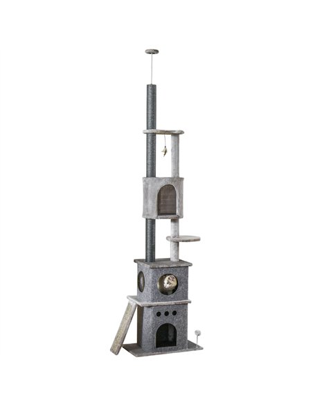 PawHut 255cm Floor To Ceiling Cat Tree for Indoor Cats Climber Scratching Post Adjustable Height Play Tower Removable Cover Grey - pic 148043 | FastDaddyshop
