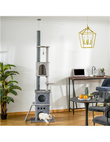 PawHut 255cm Floor To Ceiling Cat Tree for Indoor Cats Climber Scratching Post Adjustable Height Play Tower Removable Cover Grey
