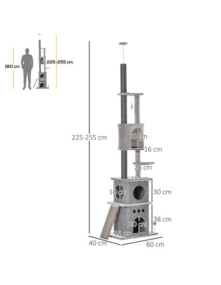 PawHut 255cm Floor To Ceiling Cat Tree for Indoor Cats Climber Scratching Post Adjustable Height Play Tower Removable Cover Grey - pic 148045 | FastDaddyshop