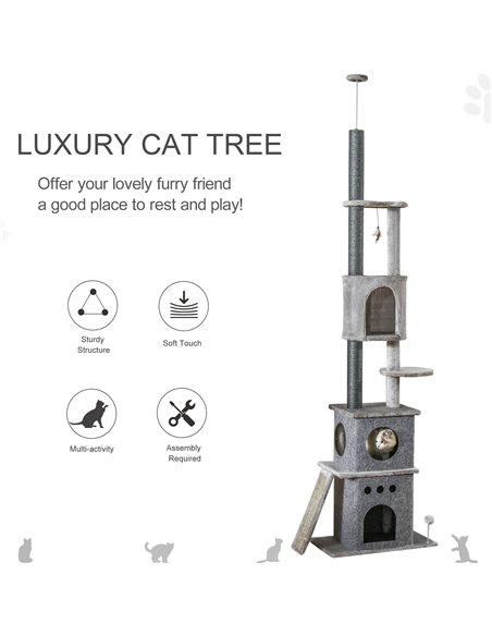 PawHut 255cm Floor To Ceiling Cat Tree for Indoor Cats Climber Scratching Post Adjustable Height Play Tower Removable Cover Grey - pic 148046 | FastDaddyshop