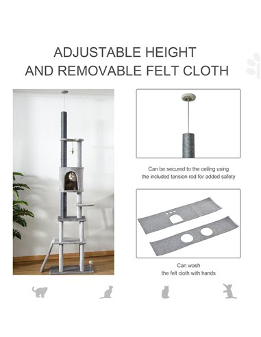 PawHut 255cm Floor To Ceiling Cat Tree for Indoor Cats Climber Scratching Post Adjustable Height Play Tower Removable Cover Grey
