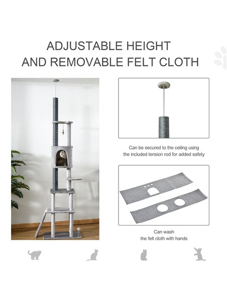 PawHut 255cm Floor To Ceiling Cat Tree for Indoor Cats Climber Scratching Post Adjustable Height Play Tower Removable Cover Grey - pic 148048 | FastDaddyshop