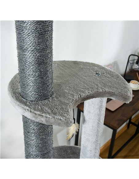 PawHut 255cm Floor To Ceiling Cat Tree for Indoor Cats Climber Scratching Post Adjustable Height Play Tower Removable Cover Grey - pic 148049 | FastDaddyshop