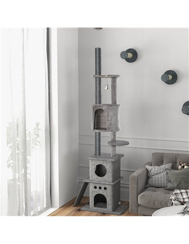 PawHut 255cm Floor To Ceiling Cat Tree for Indoor Cats Climber Scratching Post Adjustable Height Play Tower Removable Cover Grey